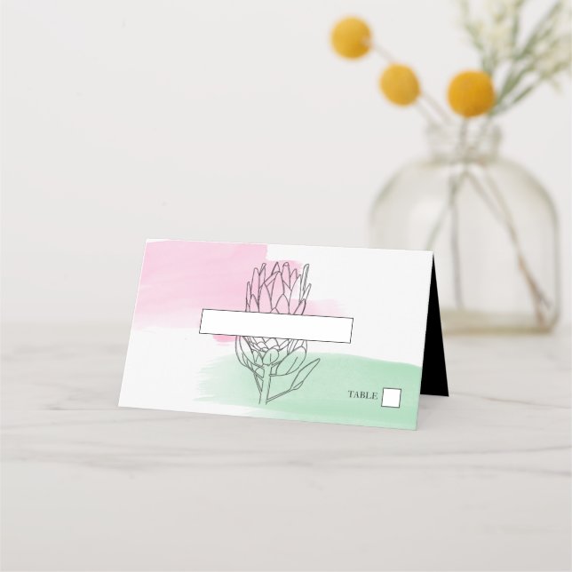 Elegant King Protea Watercolor Wedding Place Card (Front)