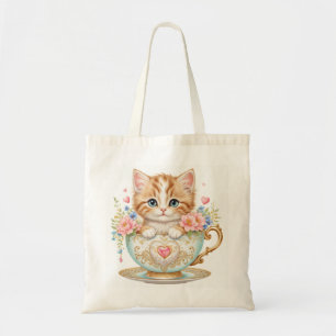 Elegant Kitten in Teacup - Floral Design - Tote Bag