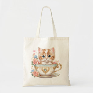 Elegant Kitten in Teacup -  Floral Design - Tote Bag