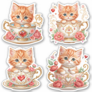 Elegant Kitten in Teacup Stickers -  Floral Design
