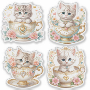 Elegant Kitten in Teacup Stickers -  Floral Design