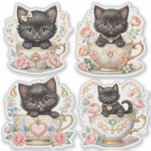 Elegant Kitten in Teacup Stickers - Floral Design