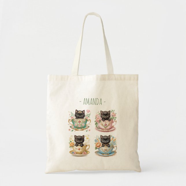Elegant Kittens in Teacup -  Tote bag with Name (Front)