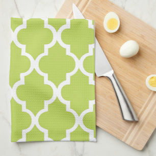 Elegant Kiwi Green Quatrefoil Tiles Pattern Tea Towel