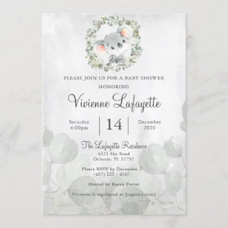 Elegant Koala Eucalyptus Leaf Foliage Baby Shower Invitation
