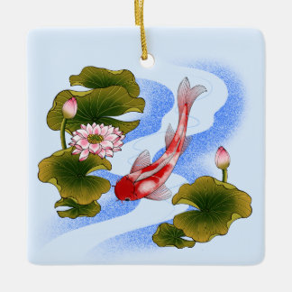 Elegant koi carp in lotus pond ceramic ornament