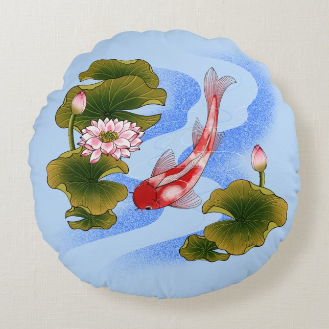 Elegant koi carp in lotus pond  round cushion (Front)