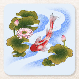 Elegant koi carp in lotus pond square paper coaster