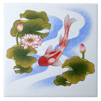Elegant koi carp in lotus pond  tile