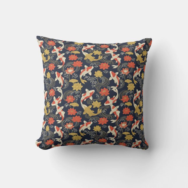 Elegant Koi Fish and Lotus Pattern Cushion (Front)