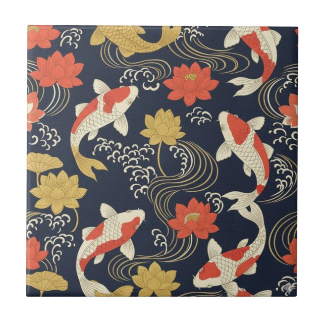 Elegant Koi Fish and Lotus Pattern Tile (Front)