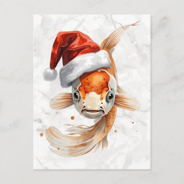 Elegant Koi Fish in Santa Hat Watercolor Holiday Postcard (Front)