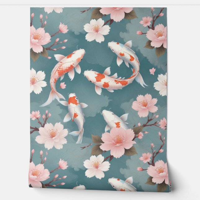 Elegant koi fish swim among cherry blossoms on tea wallpaper (Unrolling)