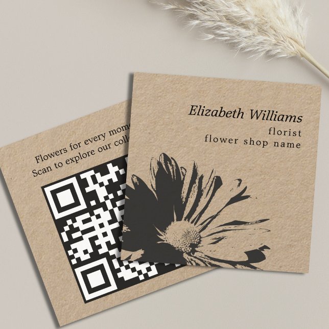 Elegant Kraft Dark Floral Pattern Florist QR code Square Business Card (Creator Uploaded)