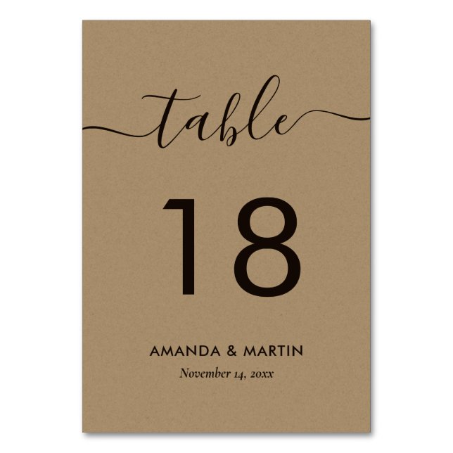 Elegant Kraft Paper Wedding Table Number (Front)