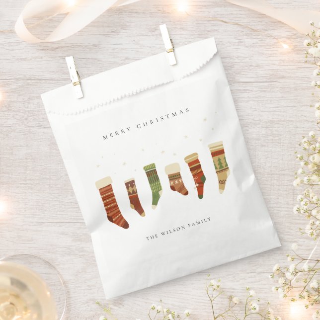 ELEGANT KRAFT RED GREEN STAR CHIRSTMAS STOCKINGS FAVOUR BAGS (Clipped)