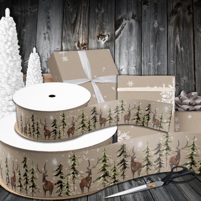 Elegant Kraft Winter Woodland Spruce Reindeer 3" Grosgrain Ribbon (Rustic Kraft Winter Woodland Forest Reindeer Grosgrain Ribbon In 1.5 & 3 Inch Widths)