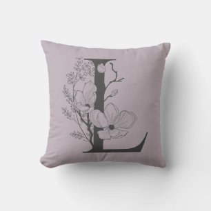 Elegant L Boho Floral Monogram Initial Lilac Grey Cushion
