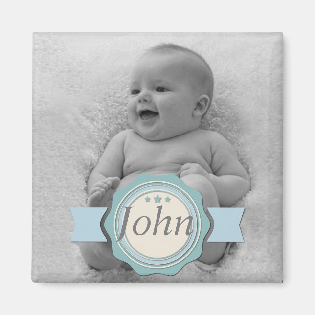 Elegant Label Baby Photo Keepsake - Blue Magnet (Front)