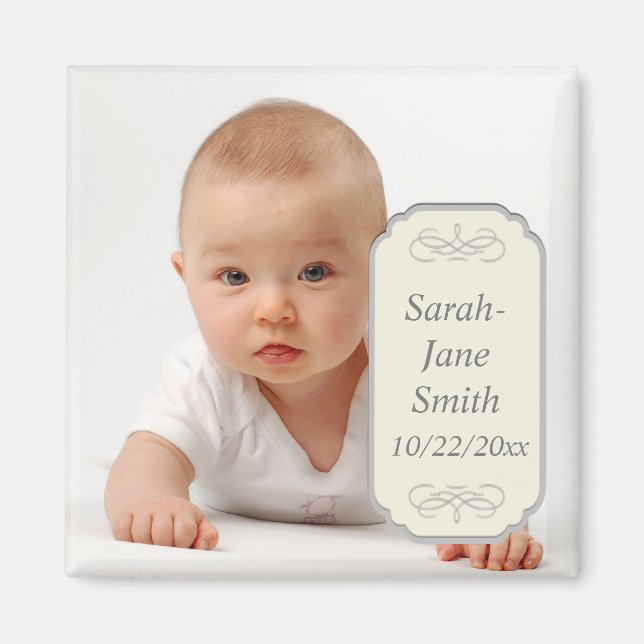 Elegant Label Baby Photo Keepsake Magnet (Front)