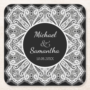 Elegant Lace and Black Custom Wedding Square Paper Coaster