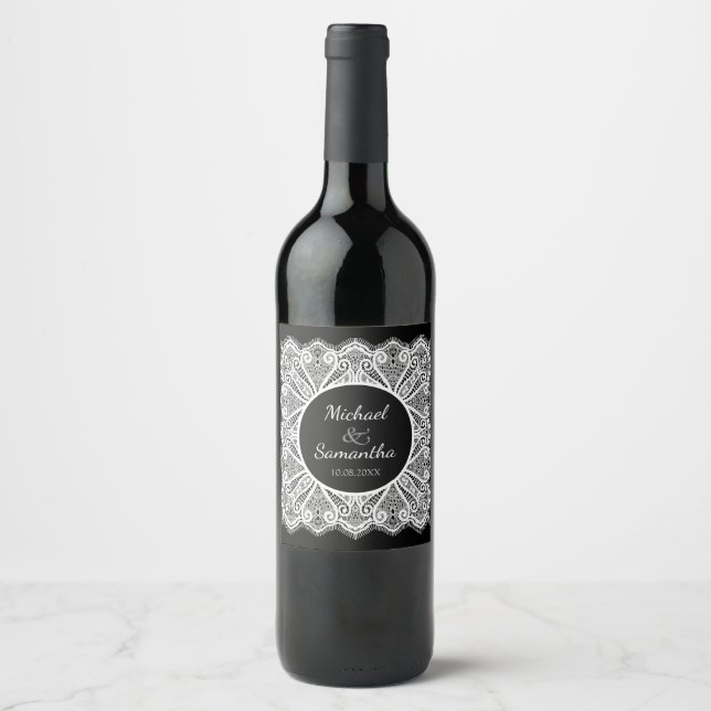 Elegant Lace and Black Custom Wedding Wine Label (Front)