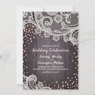 Elegant Lace and wood blush glitter rustic wedding Invitation