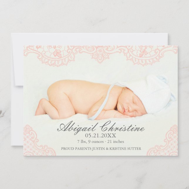 Elegant Lace Baby Girl Birth Announcement (Front)