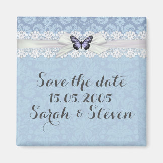 Elegant Lace Blue Butterfly Damask Save the date Magnet