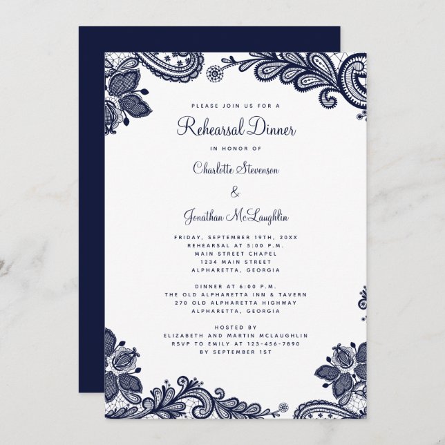 Elegant Lace Blue White Wedding Rehearsal Dinner Invitation (Front/Back)
