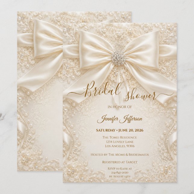 Elegant Lace Bow Bridal Shower Invitation (Front/Back)
