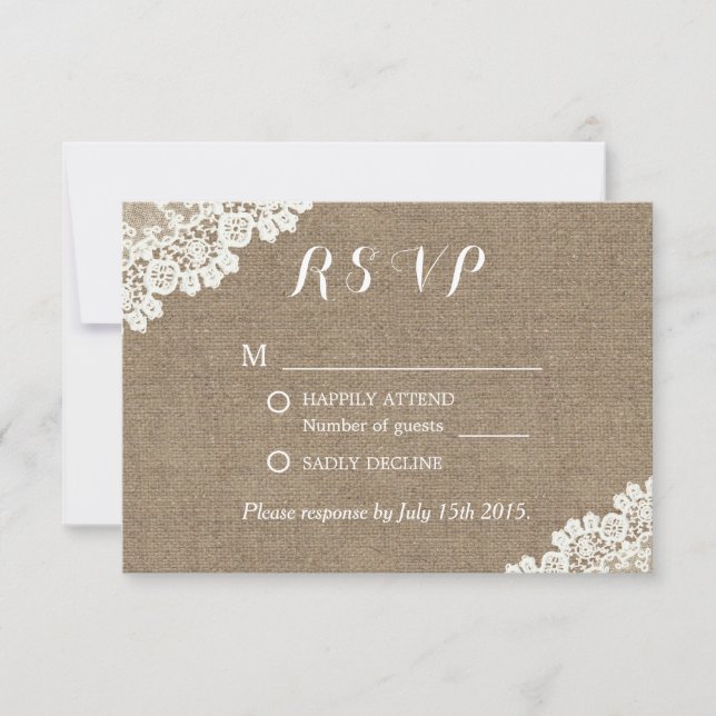 Elegant Lace Corner Burlap Wedding RSVP Card (Front)