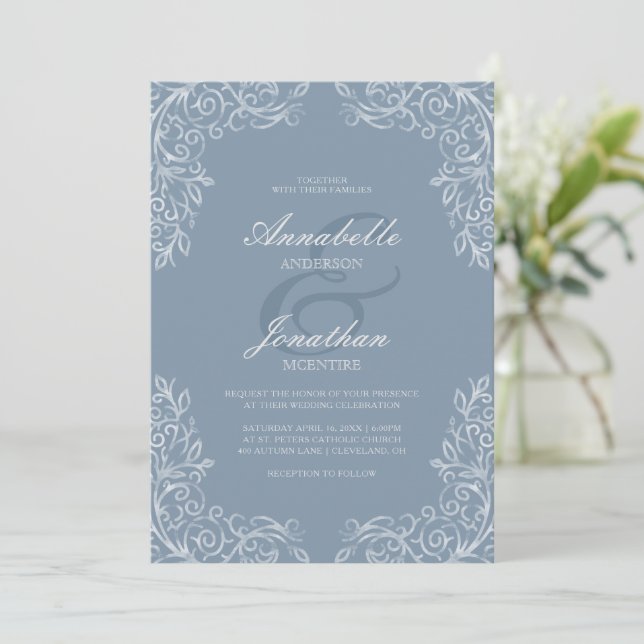 Elegant Lace Dusty Blue Scroll Wedding Invitation (Standing Front)