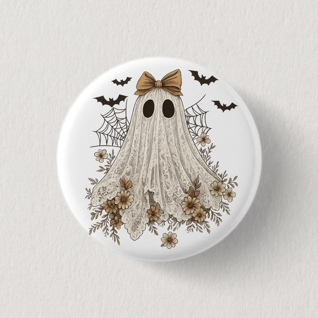 Elegant Lace Ghost with Bow | Floral Ghost  3 Cm Round Badge (Front)