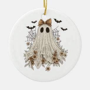 Elegant Lace Ghost with Bow Floral Ghost Ceramic Tree Decoration