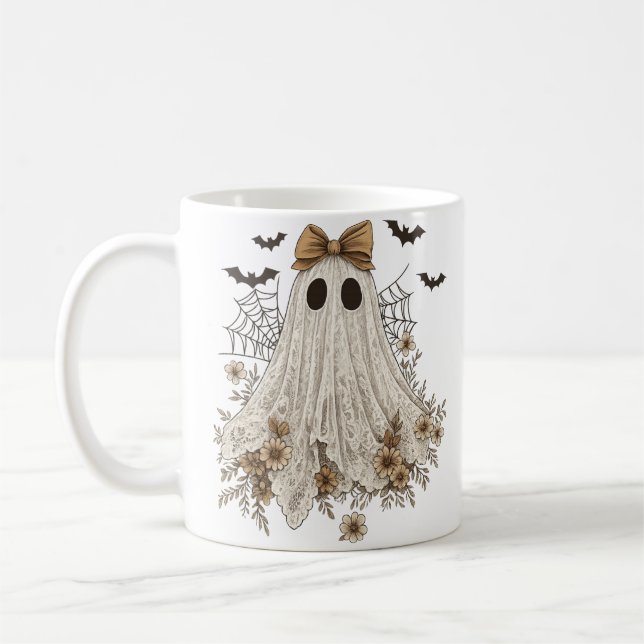 Elegant Lace Ghost with Bow | Floral Ghost  Coffee Mug (Left)