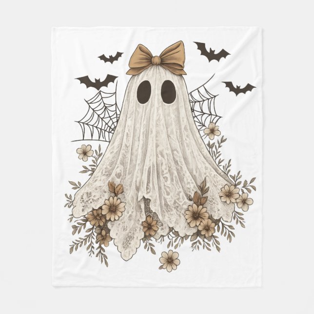 Elegant Lace Ghost with Bow | Floral Ghost  Fleece Blanket (Front)