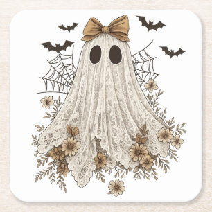 Elegant Lace Ghost with Bow Floral Ghost Square Paper Coaster