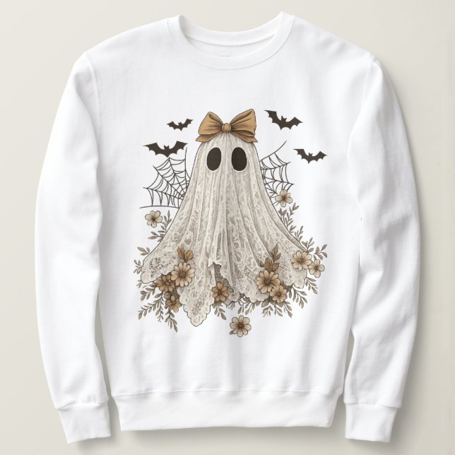 Elegant Lace Ghost with Bow | Floral Ghost  Sweatshirt (Design Front)