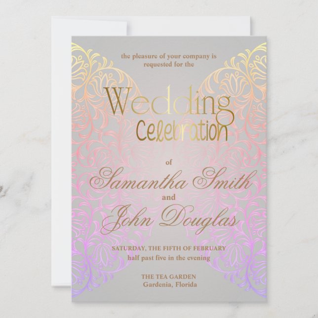 Elegant Lace Grey, Peach & Gold Modern Minimalist Invitation (Front)