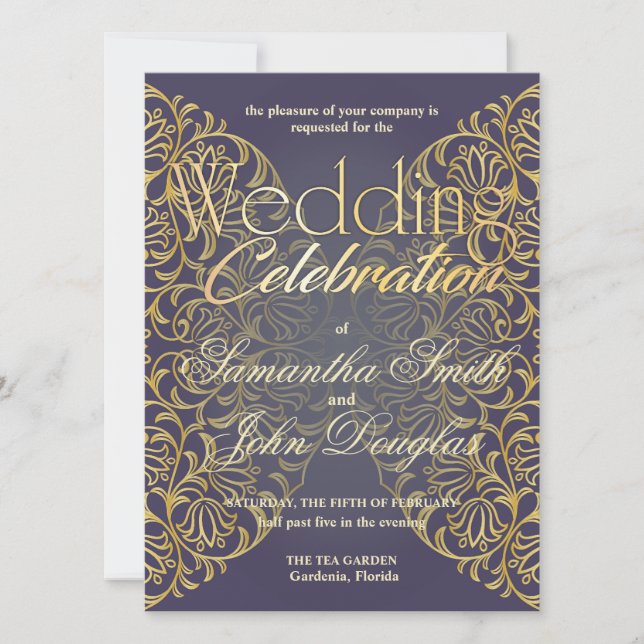 Elegant Lace Indigo & Gold Modern Minimalist Invitation (Front)