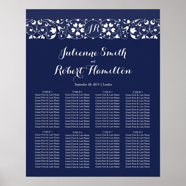 Elegant Lace Monogram Wedding Seating Chart (Front)