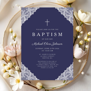 Elegant Lace Navy Blue Baby Boy Baptism Invitation