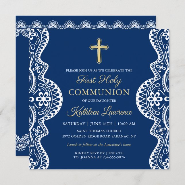 Elegant Lace Navy Blue First Holy Communion Invitation (Front/Back)