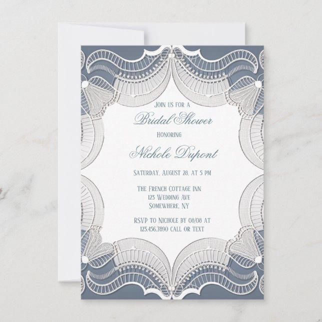Elegant Lace On Blue Wedding Bridal Shower Invitation (Front)