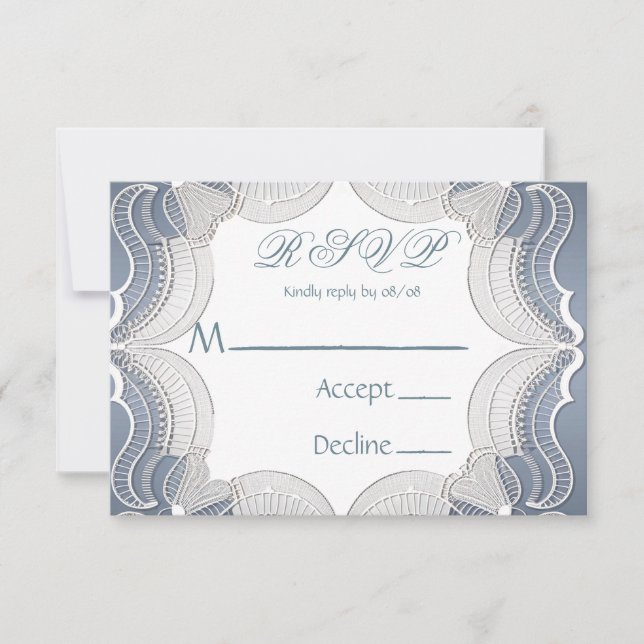 Elegant Lace On Blue Wedding RSVP Cards (Front)