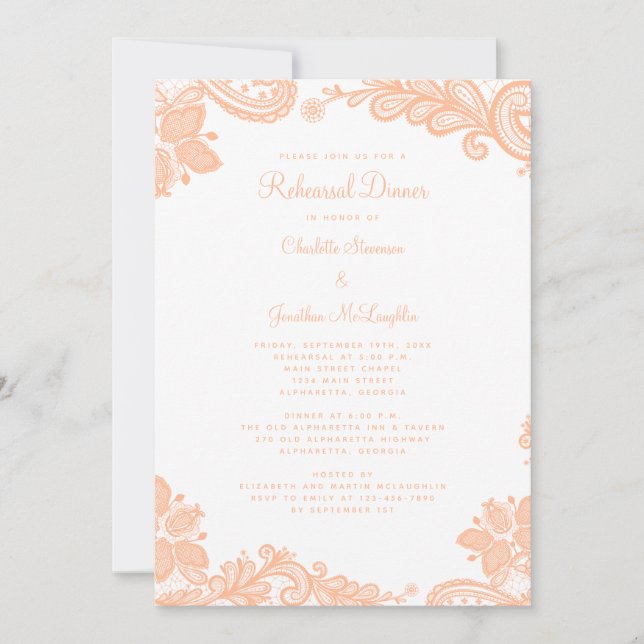 Elegant Lace Peach Wedding Rehearsal Dinner Invitation (Front)