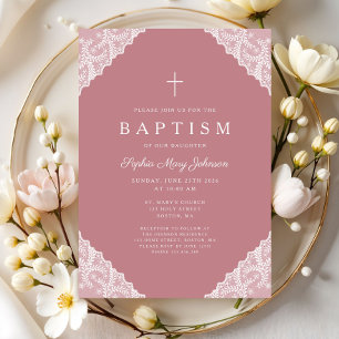 Elegant Lace Pink Baby Girl Baptism Invitation