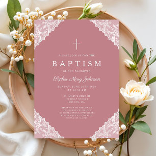 Elegant Lace Pink Baby Girl Baptism Invitation