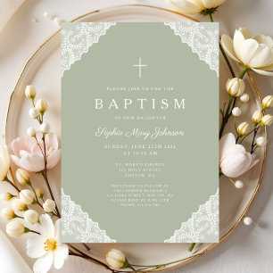Elegant Lace Sage Green Baptism Invitation
